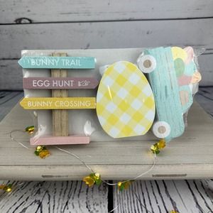 🐰 Easter Tiered Tray Wood Décor – Pastel Bunny Truck & Signs